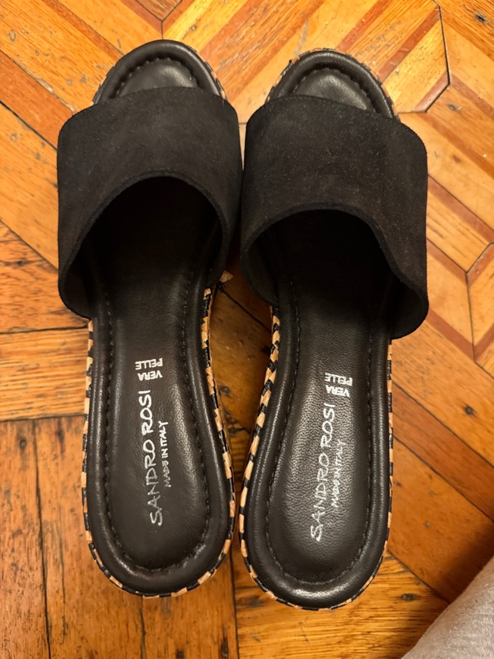 Sandro Black Suede Slide Mules with Braided Trim